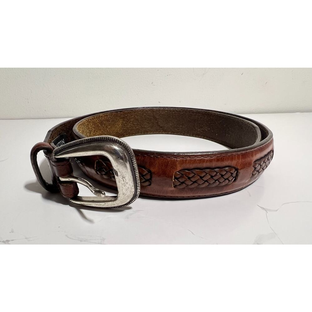 Brighton Men's EUC 1.25" Wide Brown Leather Woven Silver Tone Buckle Belt 38